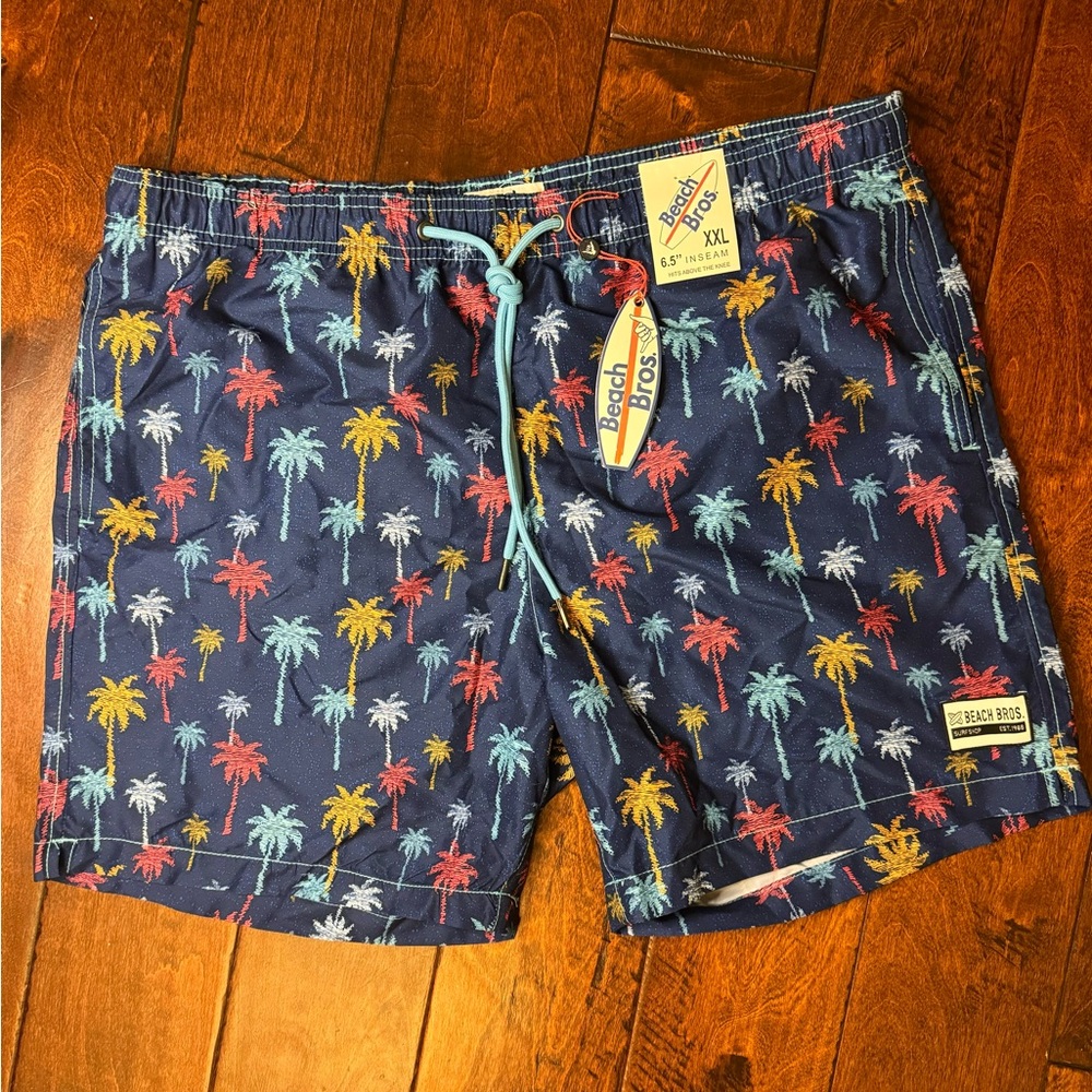 BEACH BROS Mens Palm Tree Swim Shorts Navy Blue Multi Tropical 6.5" In XXL